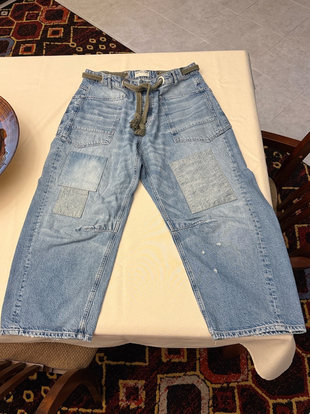 We The Free Light Blue Patchwork Barrel Jeans with Rope Belt
